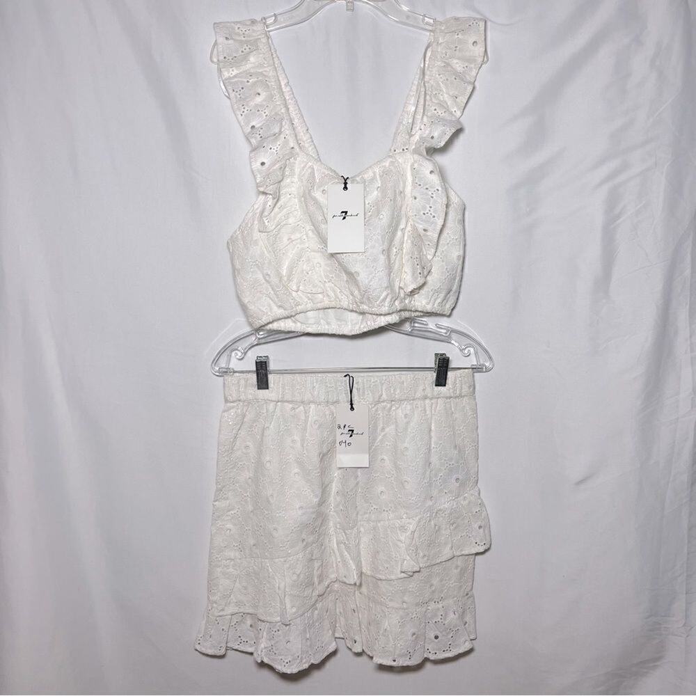 7 For All Mankind Womens Eyelet Crop Top Skirt Set White Floral Ruffle M‎ 80704